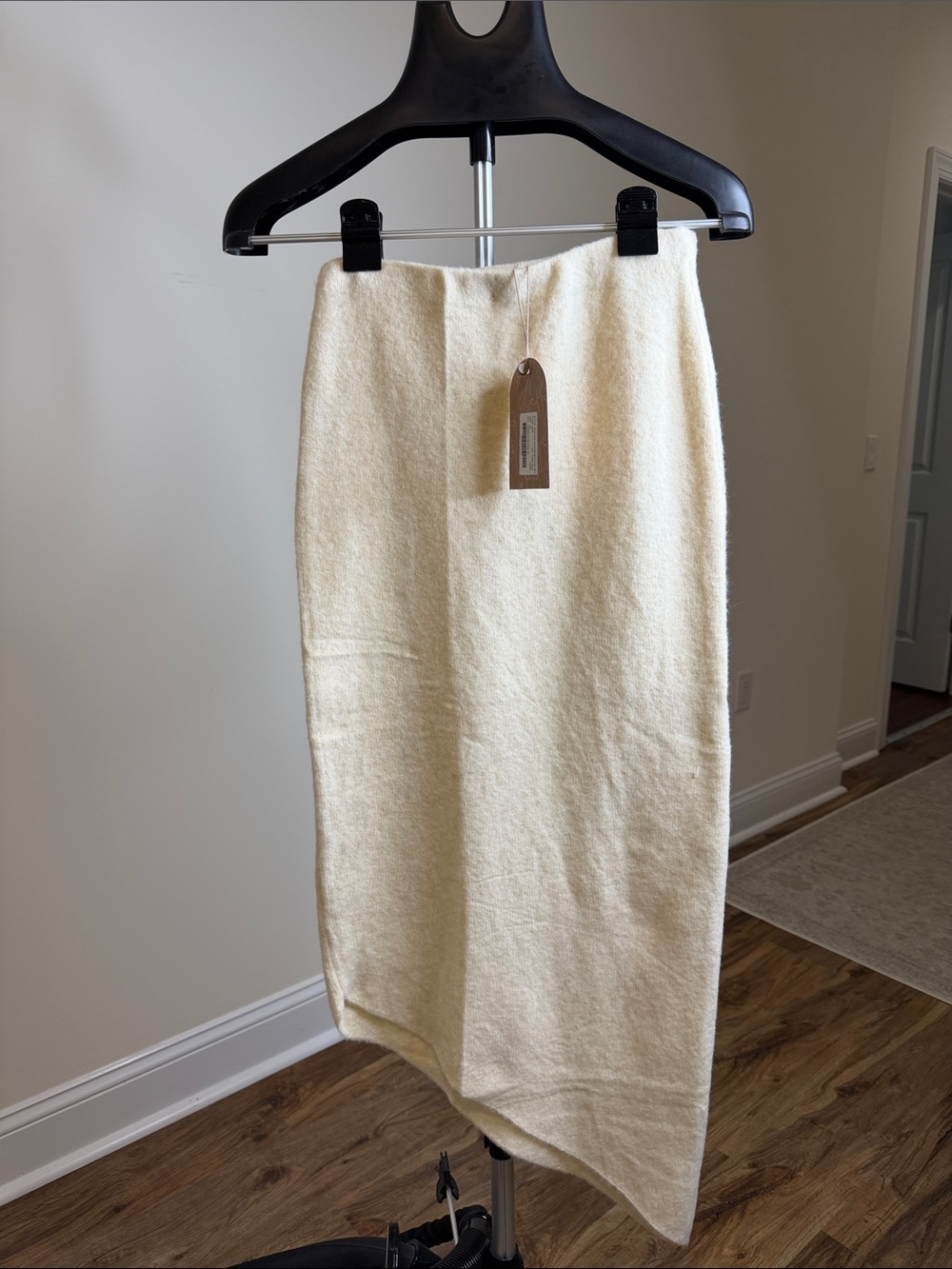 Meshki Cream Asymmetric Knit Midi Skirt